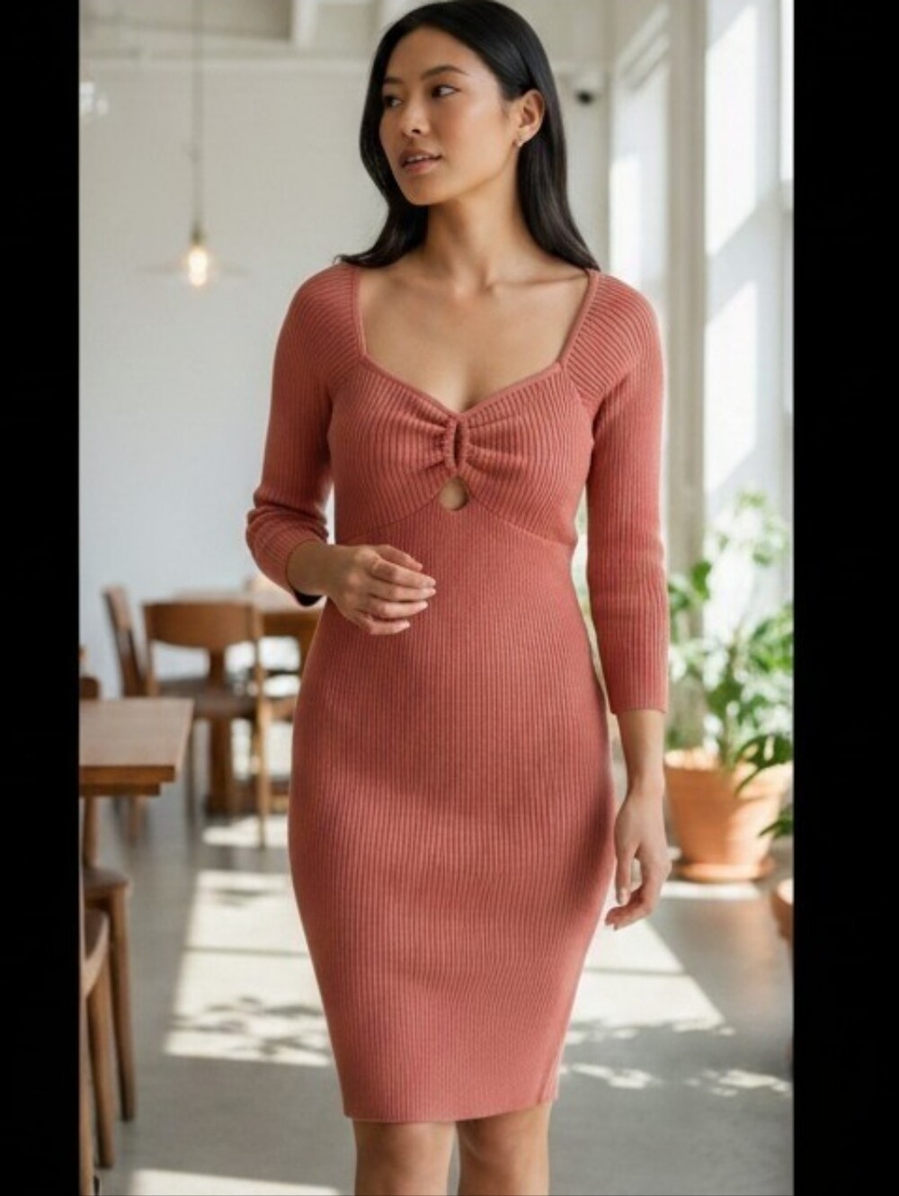 MADDEN NYC Women's Rust V-Neck Ribbed Sweater Dress